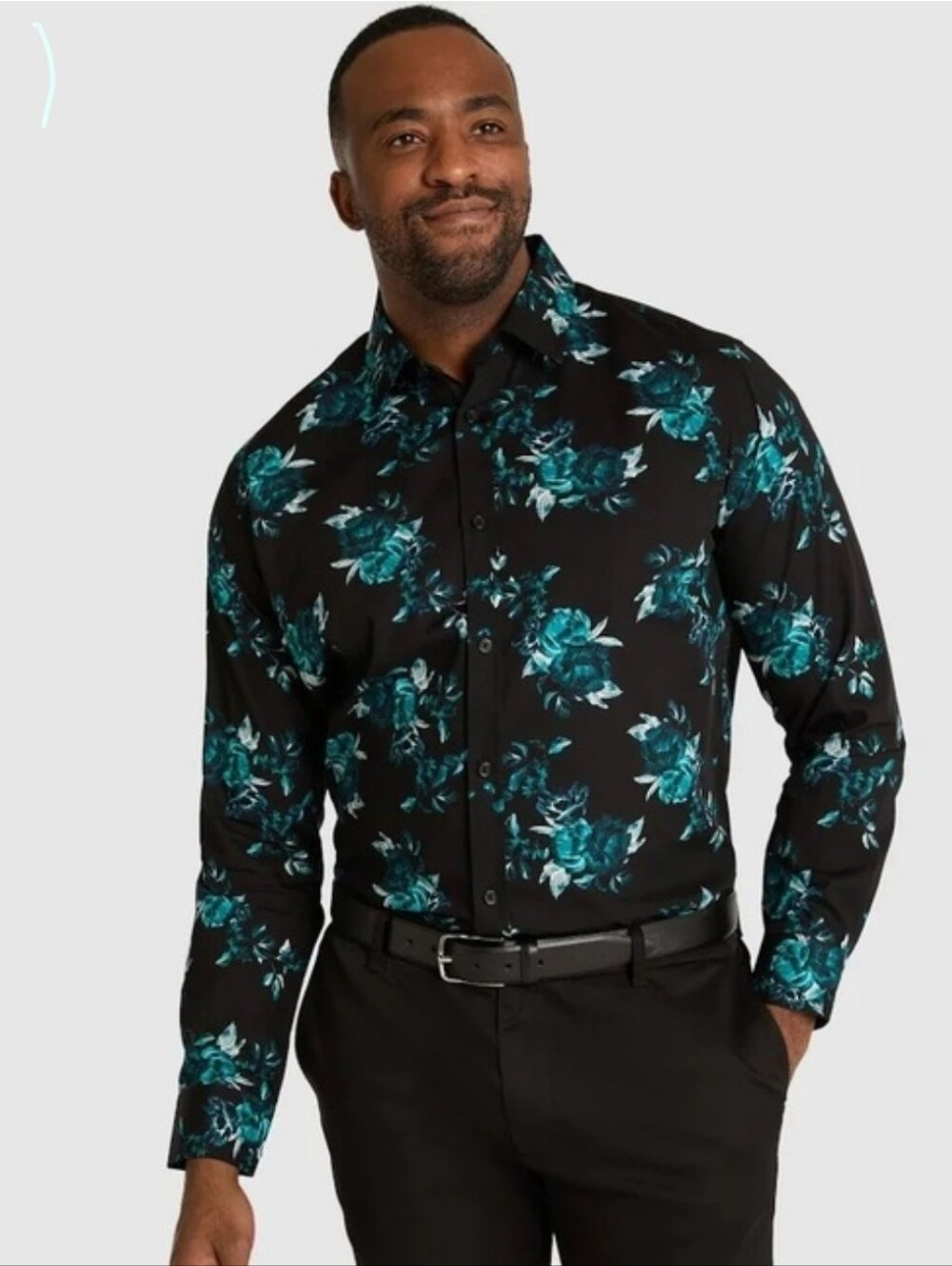 Johnny Bigg Black Floral Dress Shirt with Teal Blue Print XL